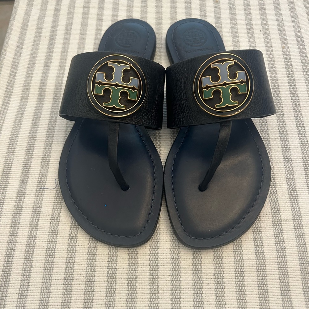 Tory Burch Black Sandals with Gold and Green Accents